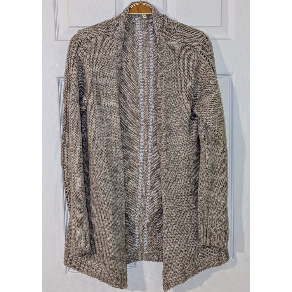 Maurices Womens Medium Taupe Marled Pointelle Knit Open Front Cardigan Sweater